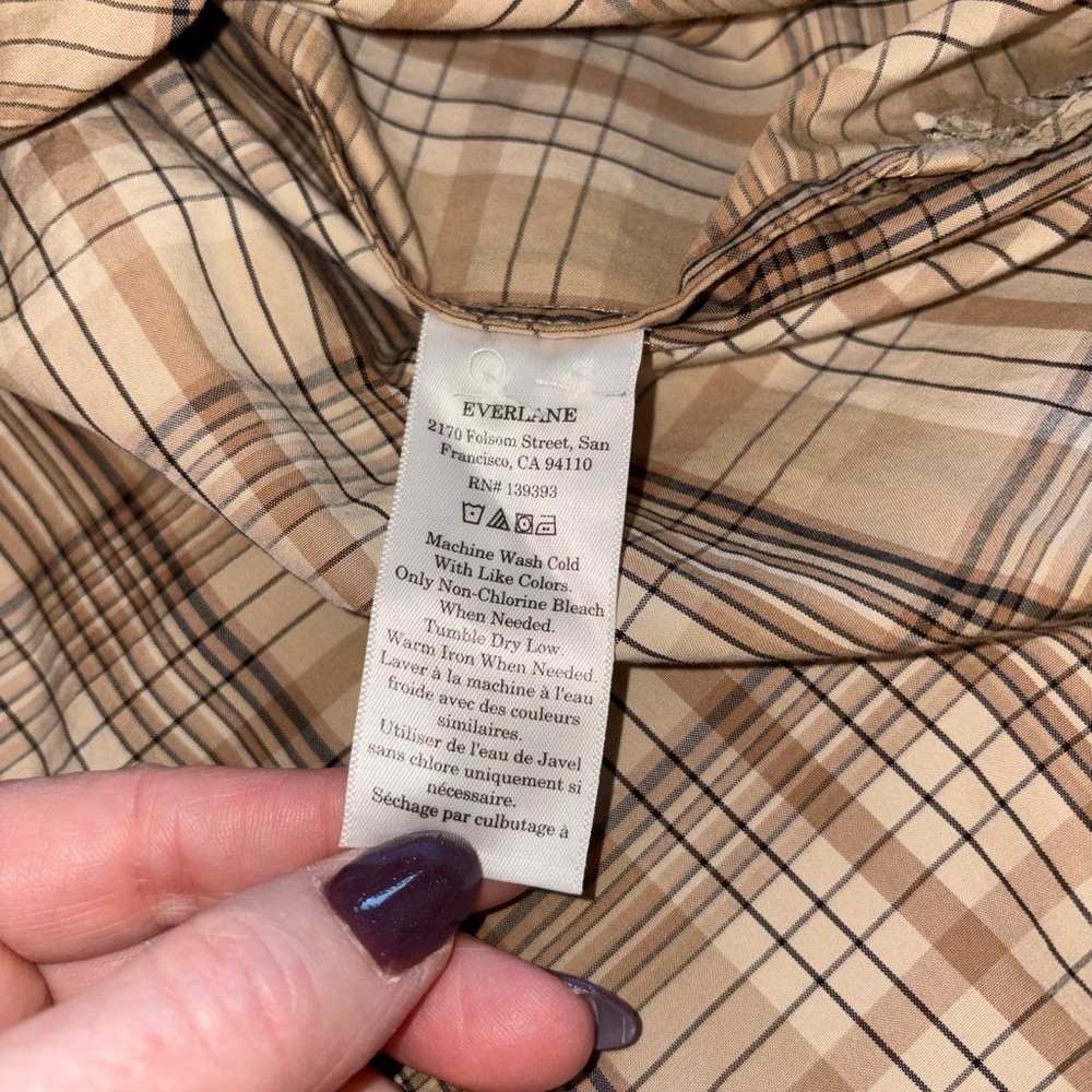 Everlane Supima Cotton Oversized Plaid Button Up Shirt Small Neutral Khaki - Picture 6 of 7